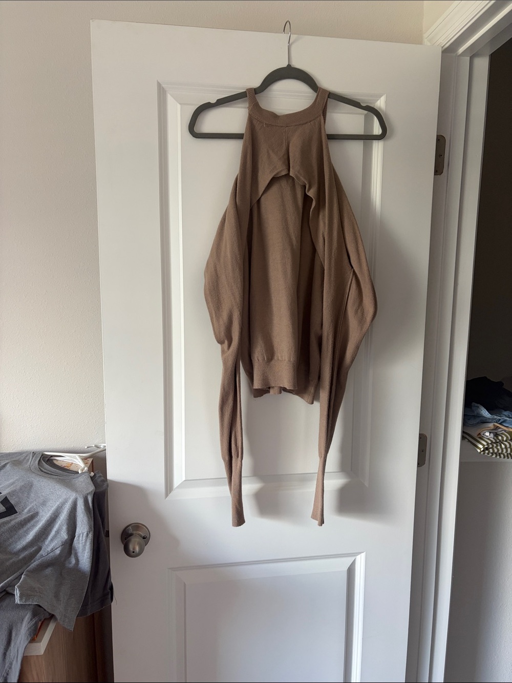 Olivaceous Cold-Shoulder Knit Sweater in Taupe